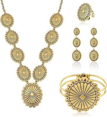 Photo 1 of 4 PCS Western Turquoise Jewelry for Women Boho Vintage Navajo Pearl Necklace Earring Bracelet Ring Set Country Cowgirl Accessories for Gift
