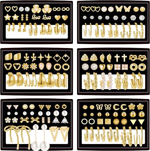 Photo 1 of 82 Pairs Gold Earrings for Women Trendy, Pearl Bow Small Hoop Stud Earrings Pack, Earring Set Multiple Piercing for Birthday Party Gift
