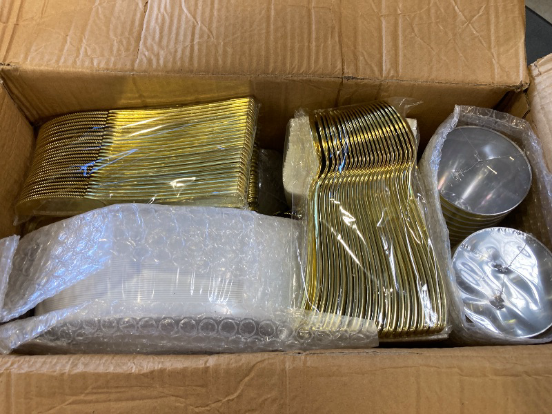 Photo 1 of Fijinhom 350 Pieces Gold Disposable Plates for 50 Guests, Disposable Plastic Plates for Party, Wedding, Dinnerware Set of 50 Dinner Plates, 50 Salad Plates,50 Cups and 50 Paper Napkins, Gold