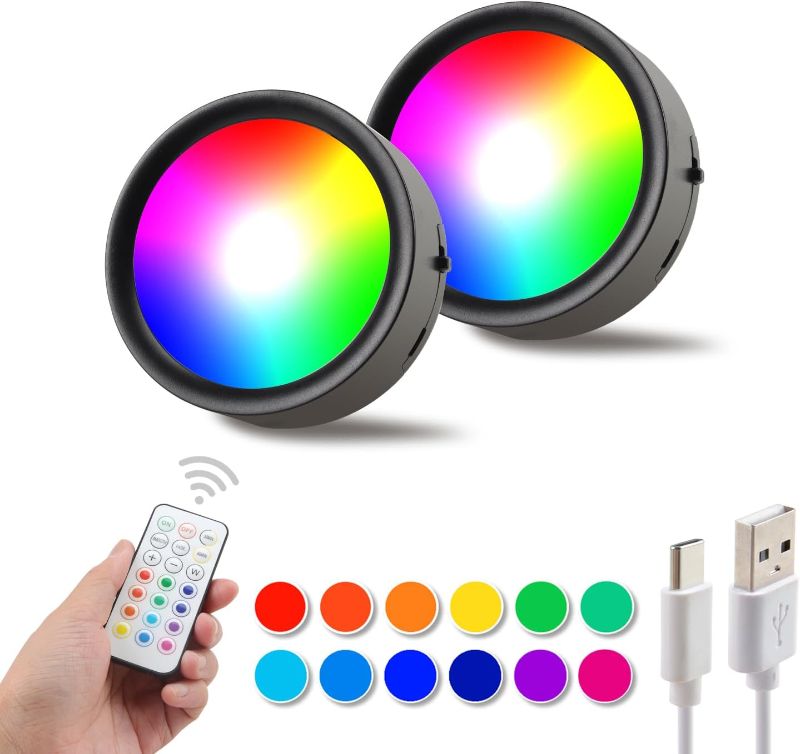 Photo 1 of DAMI Under Cabinet Lighting with Remote Control, Rechargeable Battery Operated Wireless Shelf Light, Stick on Tap, Color Changing Magnetic Puck Lights for Kitchen, 2 Pack, Black

