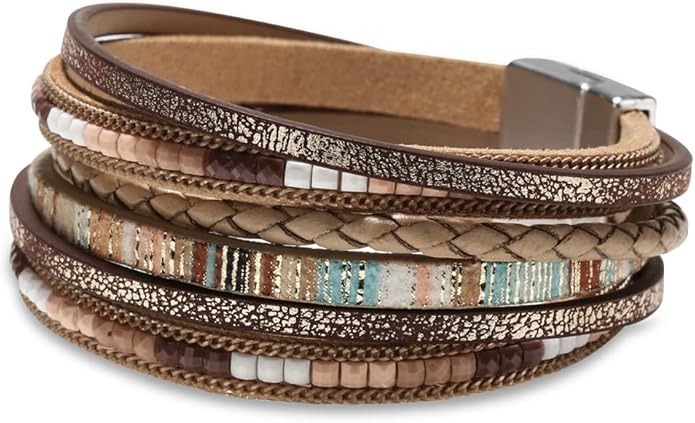 Photo 1 of Fesciory Leather Wrap Bracelets for Women, Boho Leopard Multi-Layer Crystal Beads Cuff Bracelet Jewelry
