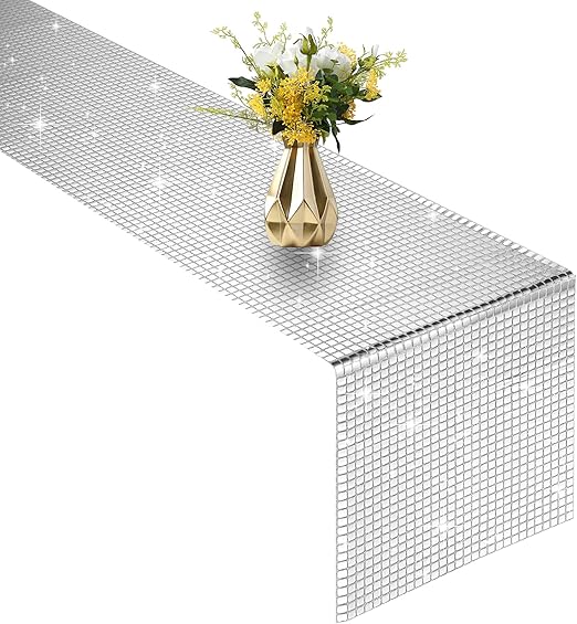 Photo 1 of 12x108 Inch Disco Ball Party Table Runner Silver Glitter Foil Table for Bachelorette Party 70's 80's Disco Ball Table Decorations (One Pack)
