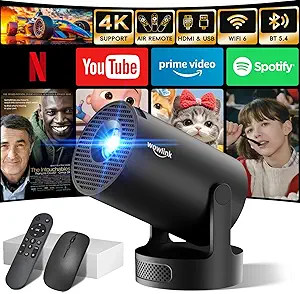 Photo 1 of [Built-in Apps & 2025 Upgraded] Mini Projector with WiFi 6 and Bluetooth 5.4 Support 4K 1080P Auto Keystone 180° Rotatable Projector Portable Compatibile with HDMI/TV Stick/Memory Stick/Laptop, Black
