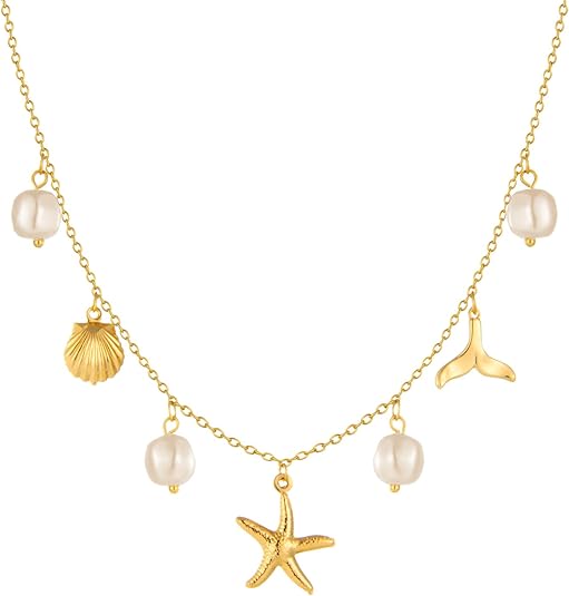 Photo 1 of Charm Necklace for Women Pearl Starfish Seashell 14k Gold Summer Beach Surfer Jewelry Necklace Gifts
