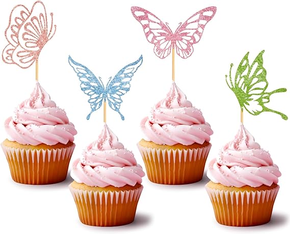 Photo 1 of 36 PCS Butterfly Cupcake Toppers Colorful Glitter Butterfly Cupcake Food Picks for Baby Shower Butterfly Theme Wedding Birthday Party Cake Decorations Supplies
