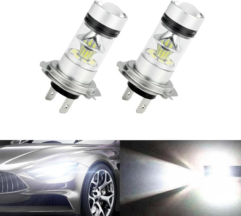 Photo 1 of 2 PCS H7 LED Car Fog Light Bulbs – 12V 100W Low Beam Lights with 6500K White Front Light & Daytime Running Lights. Features Built-in Lens, Plug-and-Play Design. Universal Fit for Most Vehicles.
