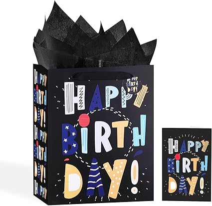 Photo 1 of 13" Black Happy Birthday Bags for Kids with Tissue Paper and Greeting Card for Party,Happy Birthday Gift Bag for Kids, Boys, Girls, Baby Boy,Men Women,Gift Bags Medium size (1 Pcs Black, Kids Gift Bag)
