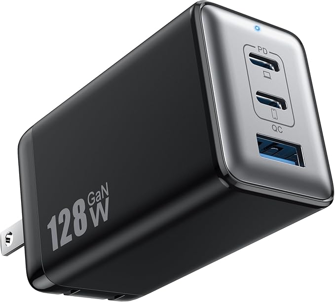 Photo 1 of 128W USB C Wall Charger,GaN III 3-Port Fast Charging Station,PD QC Foldable Charger Block Portable 65W Laptop Adapter for MacBook Pro/Air,iPad Pro,Galaxy S23,Dell XPS 13,iPhone 16/15/Pro etc
