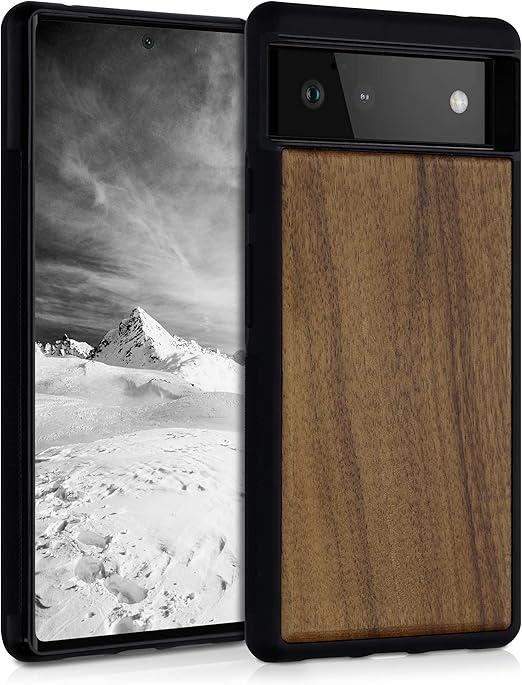 Photo 1 of kwmobile Real Wood Case Compatible with Google Pixel 6 Case - Hard Wooden Cover w/TPU Bumper - Dark Brown Walnut
