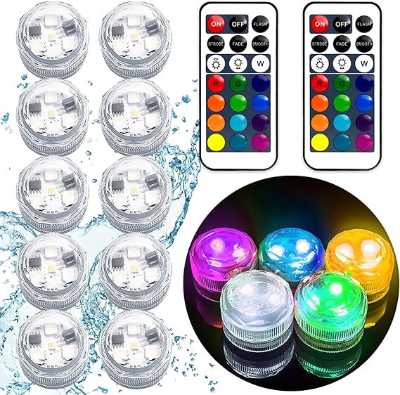 Photo 1 of Mini Submersible LED Lights,Small Underwater Tea Lights Candles Waterproof with Remote Battery Operated,RGB Color Changing for Vase Home Party Wedding Table Halloween Pumpkin Centerpieces
