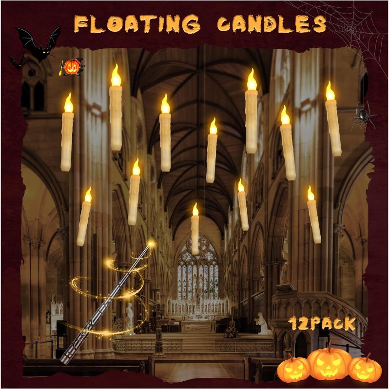 Photo 1 of Floating Candles with Wand Remote, Magic Floating Halloween Candles, Flameless LED Flickering Witch Decor Hanging Candles for Halloween Christmas Birthday Party Room Ceiling Decorations, Pack of 12
