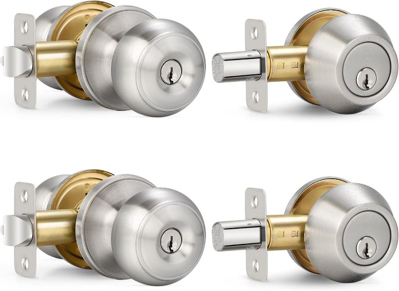 Photo 1 of 2 Sets Entry Door Knob and Single Cylinder Deadbolt Combo Set, Keyed Alike Round Ball Satin Nickel Exterior Door Knobs with Lock and Keys for Entrance and Front Door
