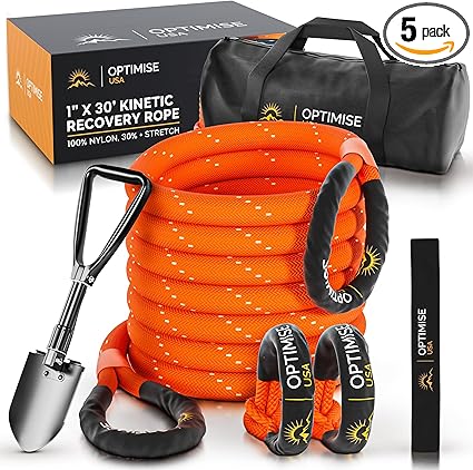 Photo 1 of 1" x30ft Kinetic Recovery Rope (48,500lbs) – Heavy Duty Recovery Kit with Tow Strap, 2 Soft Shackles (7/16"x22"), Off-Road Shovel & Carry Bag – Ideal for Trucks, SUVs, ATVs, UTVs
