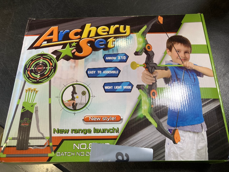 Photo 1 of Kmuxilal Kids Bow and Arrow Set with LED Flash Lights, 10 Suction Cup Arrows, Quiver and Fluorescence Standing Target-Perfect Indoor and Outdoor Archery Set Toy Gift for Boys and Girls Ages 4-12