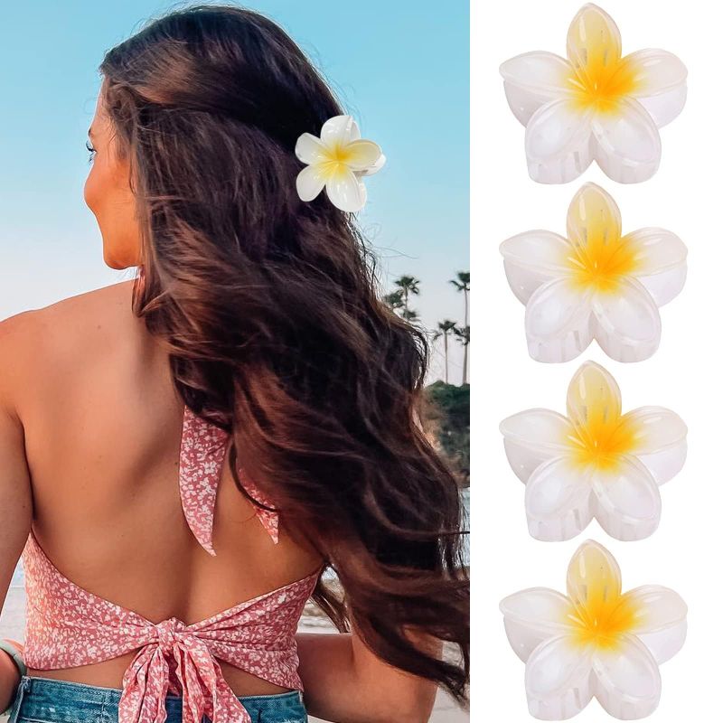 Photo 1 of GQLV Hair Clip, 4 Count White Flower Claw Clips for Thick/Thin Hair, Strong Hold Nonslip Hair Clips, Tropical Hair Accessories for Women Girls, Hawaiian Holiday Gifts