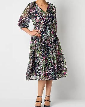 Photo 1 of Danny & Nicole Womens 3/4 Sleeve Floral Midi Fit + Flare Dress - Size 18

