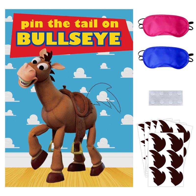 Photo 1 of Toy Inspired Stories Party Supplies, Pin The Tail on The Bullseye Party Game, Large Poster 24PCS Reusable Tail Stickers for Kids Boys Birthday Party, Toys 4th Party Favors