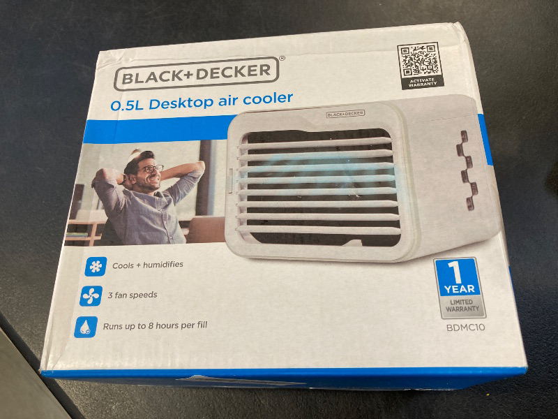 Photo 1 of BLACK+DECKER Desktop Air Cooler, Personal Portable Fan with 3-Speeds, Evaporative Air Cooler with 0.5L Water Tank, Air Cooler Fan for Desk, Home, Office, Bedroom, and more, BDMC10, White/Gray
