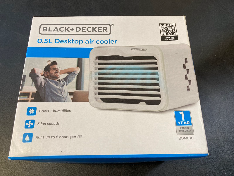 Photo 1 of BLACK+DECKER Desktop Air Cooler, Personal Portable Fan with 3-Speeds, Evaporative Air Cooler with 0.5L Water Tank, Air Cooler Fan for Desk, Home, Office, Bedroom, and more, BDMC10, White/Gray
