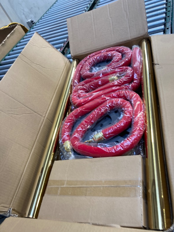 Photo 1 of  4PCS Gold Stanchions Posts with 3PCS 5 ft Red Velvet Rope, Red Velvet Rope Stanchion Set Crowd Control Barriers, Stanchions and Velvet Ropes Red Carpet Poles for Party Supplies 