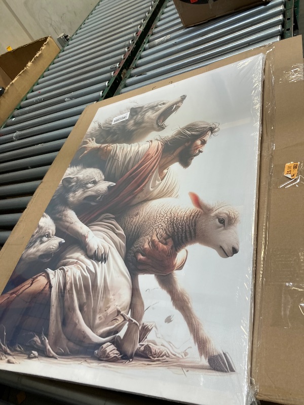 Photo 1 of  MALEDO Jesus and Lamb Canvas Wall Art Jesus Saves the Lost Sheep Christian Picture Wall Decor Shepherd Protect a Lamb from Wolves Painting Poster Print Artwork for Living Room Bedroom Church Decor 
