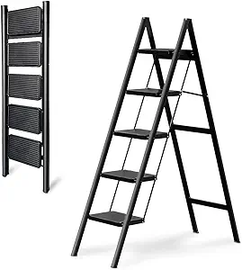 Photo 1 of Step Ladder 5 Step Folding, OOSOFITT 330 Lbs Load Heavy Duty Step Ladders for Home/Indoor, Tall Kitchen/Closet Ladder for Adults, Lightweight Compact Ladders with Anti-Slip Wide Pedal Black