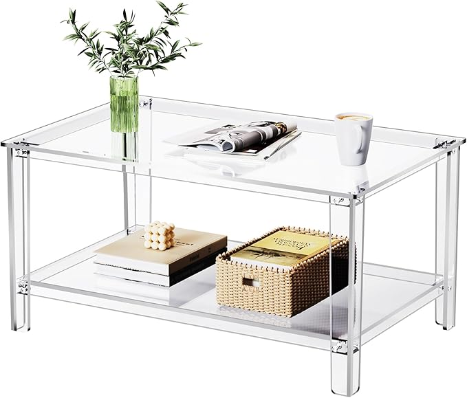 Photo 1 of Acrylic Coffee Table with Storage Shelf,Rectangle Living Room 2-Tier Center Table for Small Spaces (Rectangle, Clear, Nomal)