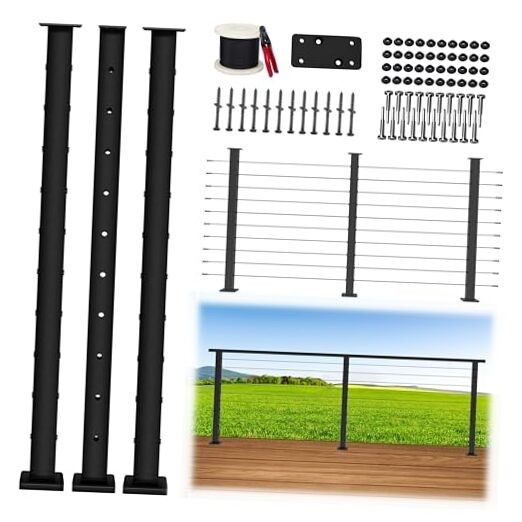 Photo 1 of Complete Set 36" Cable Railing Post Kit, Black Level Drilled Cable Railing Post, Invisible Cable Railing System Kit, 1/8" Stainless Steel Cable, 3Pack Posts with Cable Grommets (No Handrail)