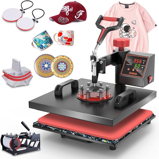 Photo 1 of OIIEE Heat Press Machine 5 in 1 Combo Heat Press 15 x 15 Inch Heat Transfer Machine 360-Degree Swing Away Digital Shirt Printing Multi-function Heat Transfer Sublimation for T Shirts Mug Hat Plate Cap