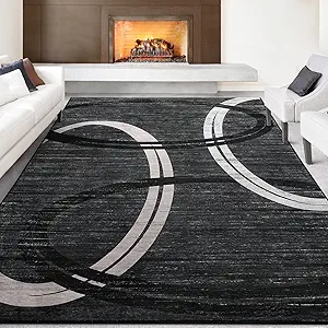 Photo 1 of Kimicole 8x10 Large Area Rugs for Living Room Bedroom, Modern Abstract Geometric Washable Rugs, Low Pile Thin Rug, Non-Slip Indoor Wavy Circles Floor Carpet for Office Dining Room Home Decor (Grey)