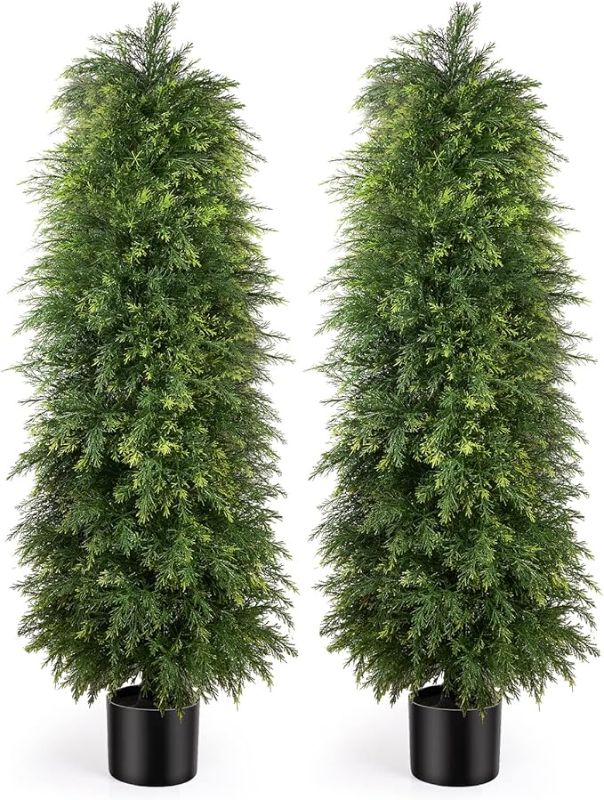 Photo 1 of 2 Pack 5ft Artificial Cedar Topiary Trees, Outdoor Artificial Plants for Front Porch Décor, Artificial Shrubs Fake Plants Uv Rated Potted Plants for Outdoor, Indoor, Front Door, Office.