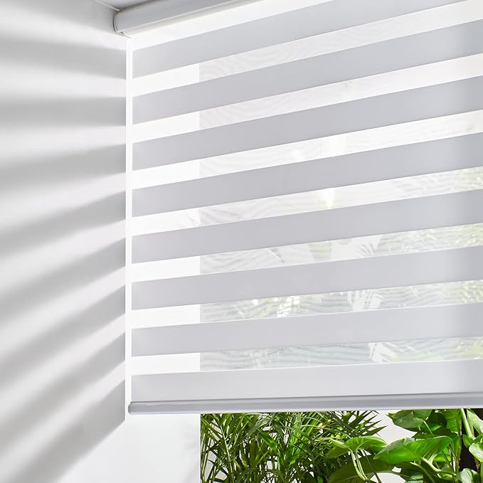 Photo 1 of Persilux Cordless Zebra Blinds for Indoor Windows, Free-Stop Zebra Blinds Cordless, Light Filtering Sheer Shades Dual Layer for Day and Night, Zebra Roller Shades for Home (22.5" W X 64" H, White)