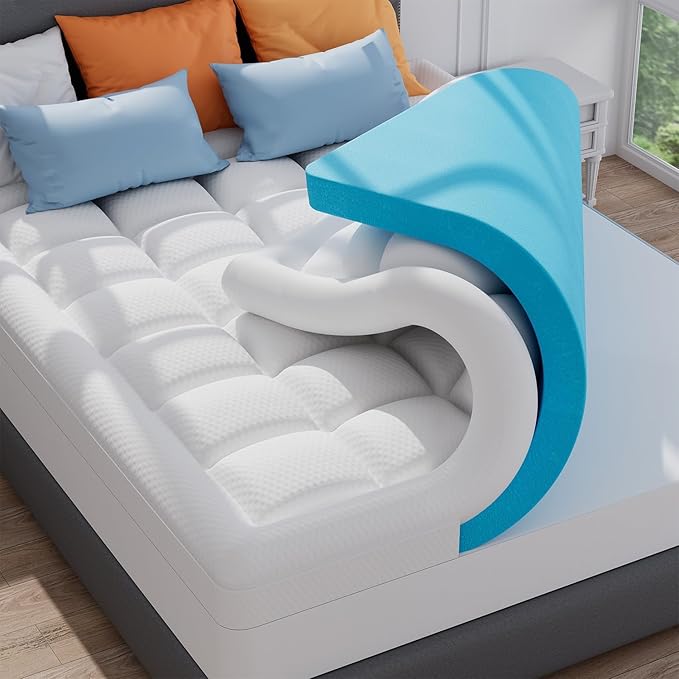 Photo 1 of ELEMUSE Queen Size Dual Layer 3 Inch Memory Foam Mattress Topper, 2 Inch Cooling High Density Memory Foam Bed Pad and 1 Inch Plush Feel Pillow Top Mattress Topper Cover for Back Pain Relief