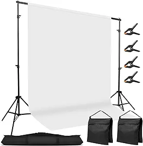 Photo 1 of 10x7ft Adjustable Photography Backdrop Stand Kit – Photo Studio Background Support with 4 Crossbars, 4 Clamps, 2 Sandbags, (with 10 * 7 Feet White Backdrop Curtain)