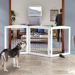 Photo 1 of ZJSF Freestanding Dog Fence Indoor, Foldable Dog Gate for Doorways, Stairs or Hallways, Sturdy Wood Extra Wide Pet Gate with Support Feet for The House, White, 24 "Height-3 Panels