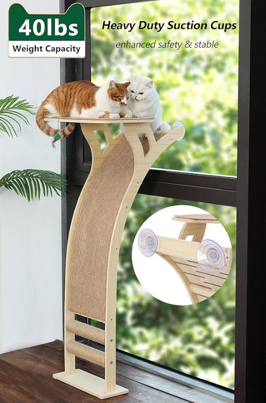 Photo 1 of Cat Window Perch with Scratcher Ramp, 48" Climbing Tree Suctions Cups to Window Maximum Hold Up to 45lb, Wood Kitty Bed for Small Window