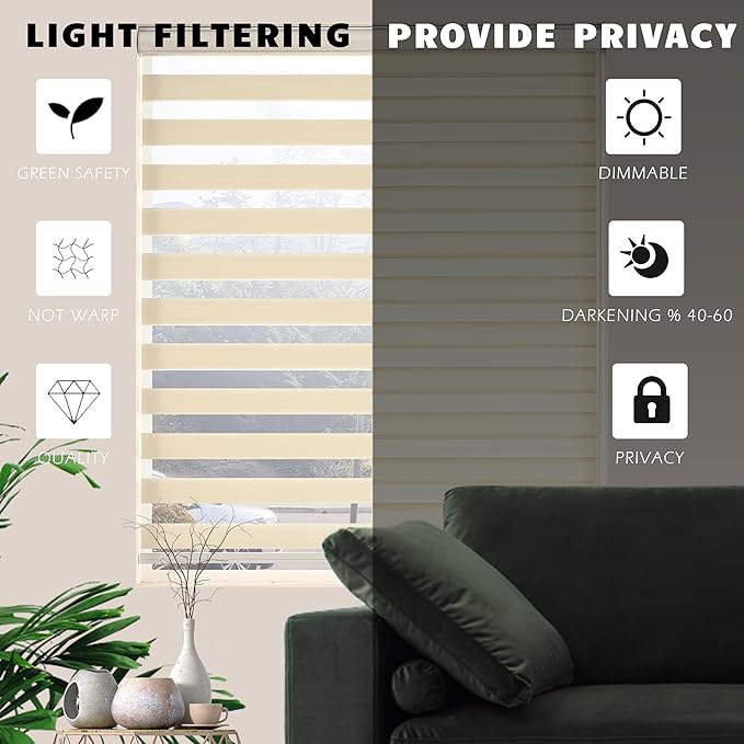 Photo 1 of Window Blind Dual Layer Polyester Zebra Roller Light Filtering Sheer Shades Window Treatments Privacy Light Control for Day and Night(W29 x H72(Inch), Cream)