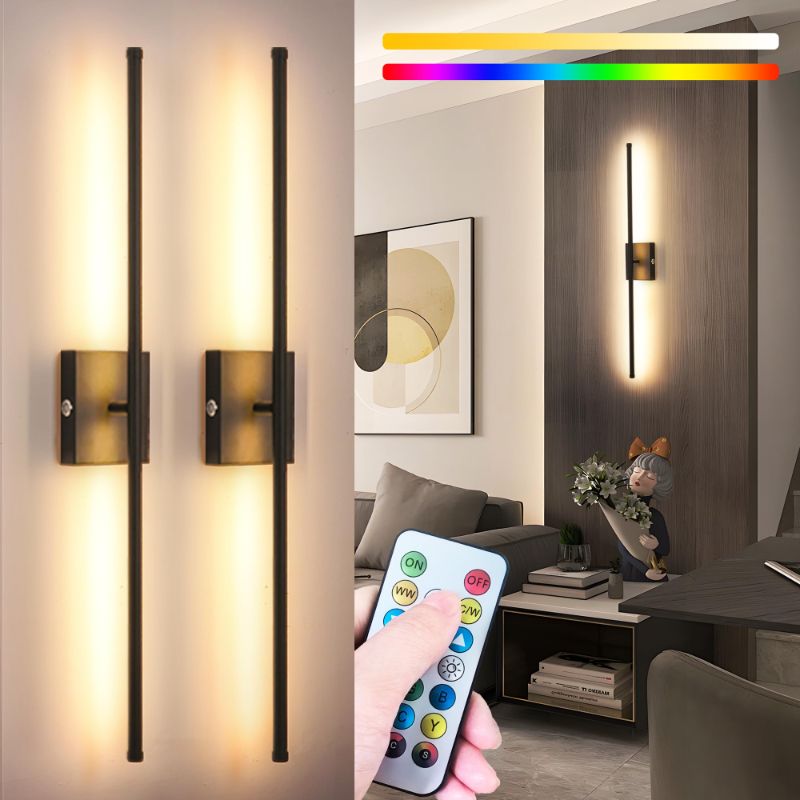 Photo 1 of 31.5 inch Battery Operated Wall Sconce Set of 2, 10000mAh Rechargeable Wall Light with Remote Control, RGB Dimmable Wireless Sconces Wall Decor for Bedroom Living Room Hallway, 360°Rotate, Black
