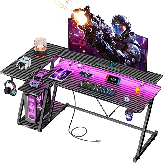 Photo 1 of 55 Inch Gaming Desk with Power Outlet & LED Lights, L Shaped Gamer Computer Table with Storage Shelves for Bedroom, Corner Home Office Desk, Carbon Fiber Black