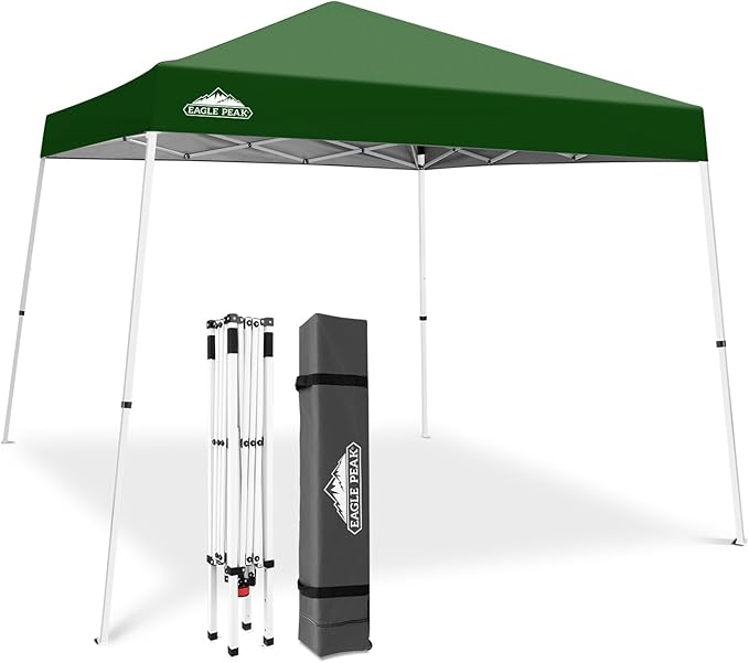 Photo 1 of EAGLE PEAK 10x10 Slant Leg Pop-up Canopy Tent Easy One Person Setup Instant Outdoor Beach Canopy Folding Portable Sports Shelter 10x10 Base 8x8 Top (Green)