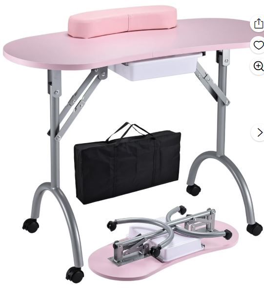 Photo 1 of Professional Foldable & Portable Manicure Table Nail Technician Desk Workstation 4 Lockable Wheels with Drawer Client Wrist Pad Free Carrying Bag Travel Nail Tech Spa Beauty Table Pink
