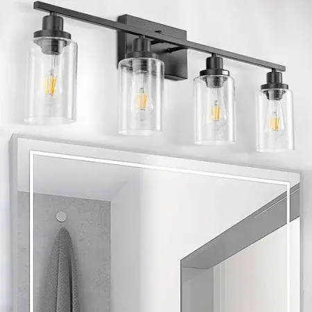 Photo 1 of 4-Light Black Modern Dimmable Vanity Light with Clear Ribbed Glass Shades