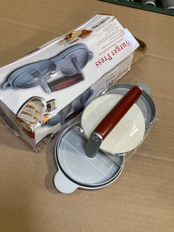 Photo 1 of DJ.KEKAO Two at a Time Round Shape Hamburger Press Aluminum Alloy Hamburger Meat Beef Grill Burger Press Food Mold Kichen Tool with 100 Pieces Waxed Papers for Cooking (Two)