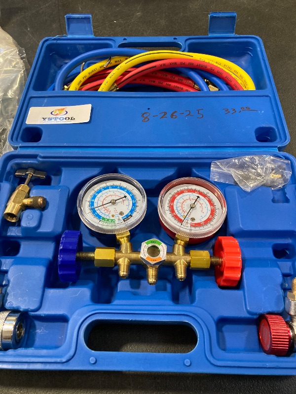Photo 1 of YSTOOL 3 Way AC Manifold Diagnostic Gauge Refrigerant Charging Set for Air Conditioner HVAC R134a R404a Freon with 5FT Hose R134a Adjustable Quick Couplers Can Tap Acme Adapter