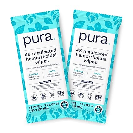 Photo 1 of Pura XL Flushable Medicated Wipes for Hemorrhoid Relief, Extra-Large, Fragrance-Free Wet Wipes with Witch Hazel, Coconut Oil & Aloe, Skin Soothing, 96 Wipes (2 Packs)
