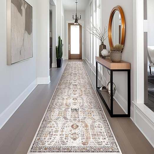 Photo 1 of Madane Runner Rugs for Hallway 2x10 Long Washable Non-Slip Hallway Runner Rug Low-Pile Stair Kitchen Runner Throw Carpet for Entrance Living Dining Laundry Room (Brown/Gold, 2 x 10)
