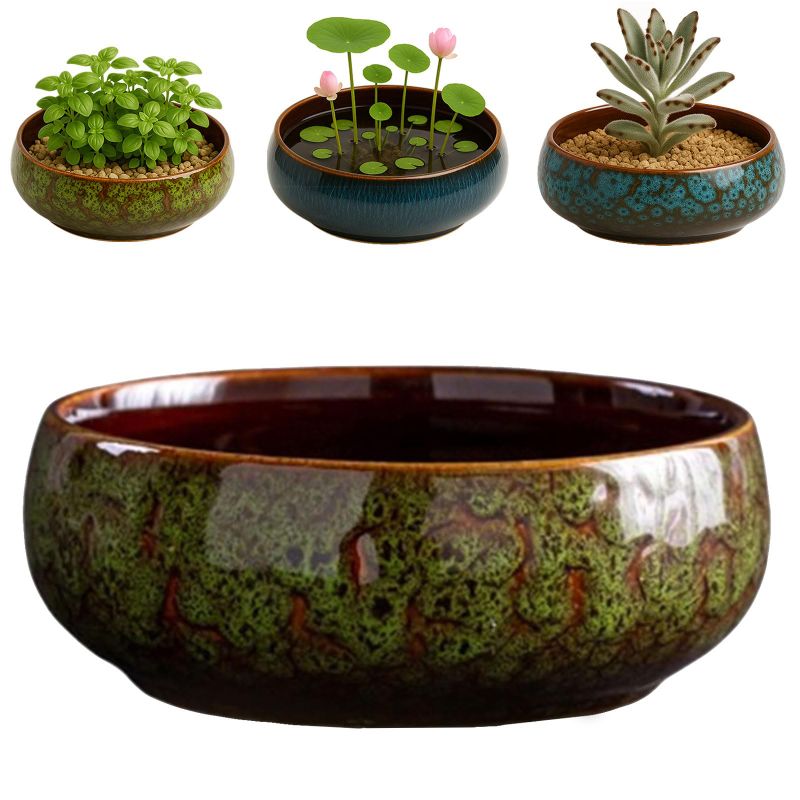 Photo 1 of Oncpcare Lotus Bowl Planter – Glazed Ceramic Indoor Plant Bowl Lotus Pot for Lotus Seeds, Bonsai, Succulents | Shallow Hydroponic Decorative Oriental Flower Bowl (Green)