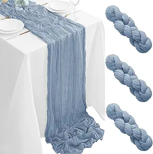 Photo 1 of 3 Pack Dusty Blue Table Runner 10ft Boho Gauze Fabric Cheesecloth Table Runner 35 x 120 Inch Rustic Sheer Runner for Wedding Décor Baby Shower Party Table Centerpiece Decorations