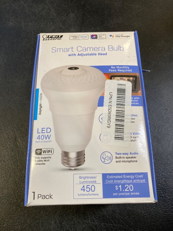 Photo 1 of Feit Electric Smart Rotating Light Bulb with Wireless Camera, Motion Sensor, Night Vision, and 2-Way Speaker, 40W Equivalent, E26 Base, 5000K Daylight, 15,000-Hour Lifetime, A450/850/CAMWIFI/LED