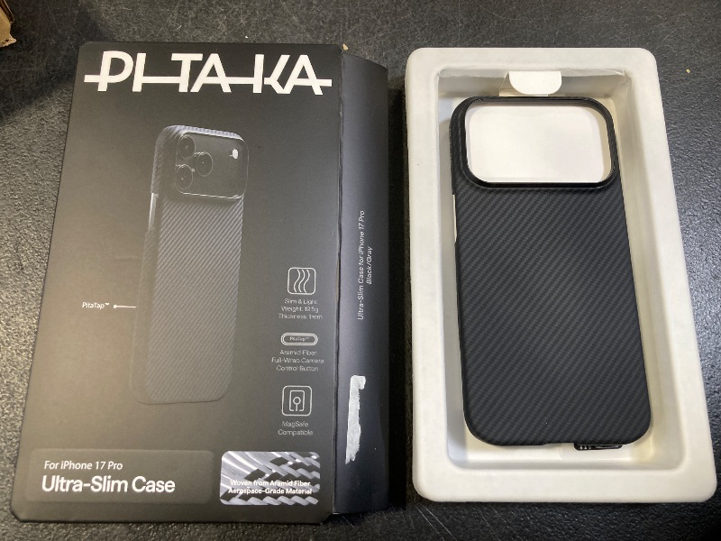 Photo 1 of pitaka for iPhone 17 Pro Case 6.3" with Camera Control Button, Compatible with Mag Safe, Ultra-Slim Case with Caseless Touch Feeling, 600D Aramid Fiber Woven, Black/Grey(Twill)